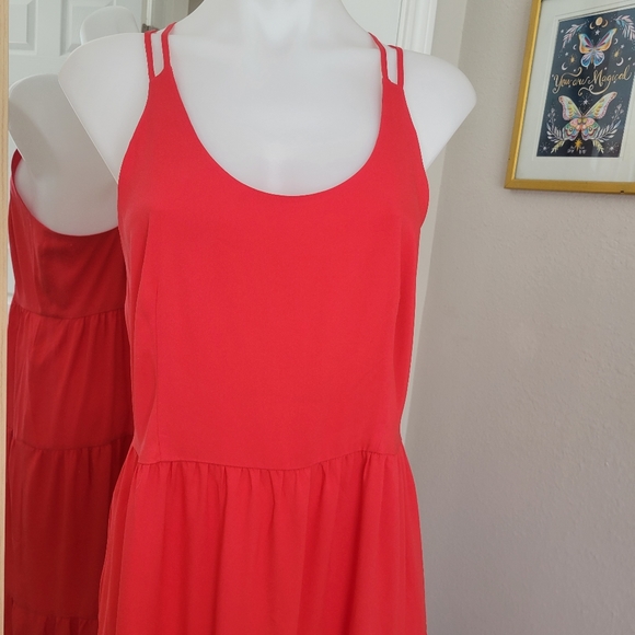 LOFT Petites Multi Tiered Strappy Maxi Dress 10P Like New Flowy Coral Lobster - Picture 3 of 14